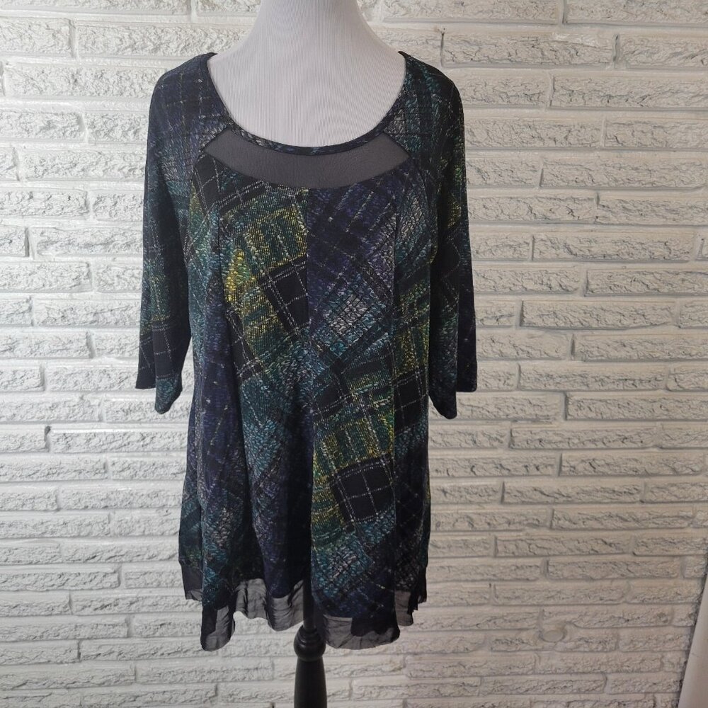 Catherines Womens Top 0X Plus 14 16 Tunic 3/4 Sleeve Mesh Hem Blue PLA137E